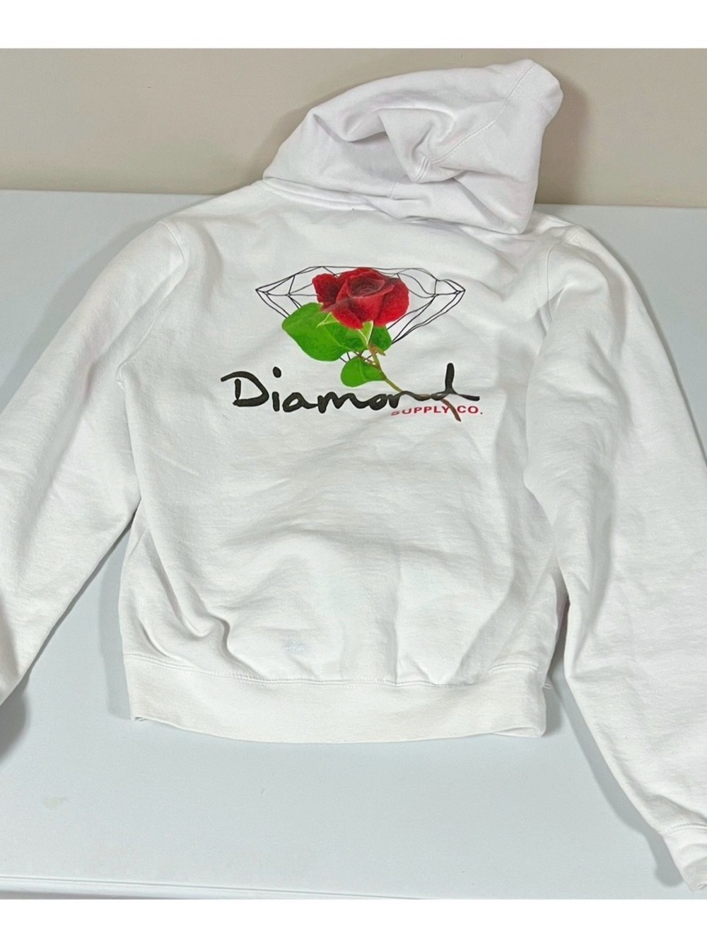 Diamond Supply Co. White Red Rose Floral Logo Pullover Sweatshirt Hoodie XS 🌹✨